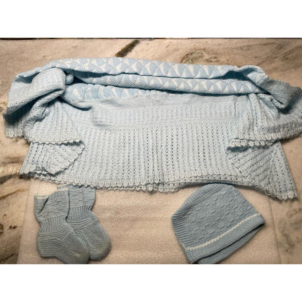Vintage Baby Infant Shawl Bonnet Booties Cap Hat Set Blue Mid Century
